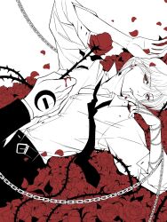  2boys 63roku63 androgynous chrollo_lucilfer flower hand_chains highres hunter_x_hunter implied_yaoi jewelry kurapika male_focus monochrome multiple_boys parted_lips red_flower red_rose ring rose shirt thorns upper_body 