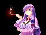  1girl blue_eyes breasts capelet cleavage cookie_(touhou) darkness dress hair_ribbon ketsushi large_breasts long_hair long_sleeves looking_at_viewer patchouli_knowledge pipe purple_hair ribbon shaded_face smirk solo striped striped_dress touhou tress_ribbon very_long_hair wide_sleeves 