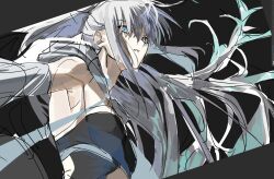  1girl black_dress blue_eyes bow breasts dress fate/grand_order fate_(series) hair_bow long_hair morgan_le_fay_(fate) morgan_le_fay_(third_ascension)_(fate) ponytail qkqajrwk simple_background small_breasts solo very_long_hair white_hair 