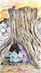  claws closed_eyes commentary_request highres mint_nappa nidoran nidoran_(female) nidoran_(male) no_humans outdoors pachirisu painting_(medium) peeking_out pokemon pokemon_(creature) red_eyes traditional_media tree watercolor_(medium) 