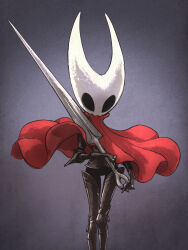  1girl cloak grey_background highres holding holding_weapon hollow_eyes hollow_knight hollow_knight:_silksong hornet_(hollow_knight) ironlily needle_(hollow_knight) red_cloak simple_background solo thigh_gap weapon 
