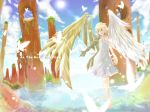 1girl :d angel angel_wings aqua_eyes asymmetrical_wings barefoot bephilops blonde_hair borrowed_character butterfly cassie_(acerailgun) clouds cyborg dress feathered_wings feathers flat_chest full_body highres lens_flare mechanical_arm mechanical_wings open_mouth original outdoors sky sleeveless smile solo sun walking walking_on_water white_dress wings 