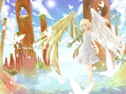  1girl :d angel angel_wings aqua_eyes asymmetrical_wings barefoot bephilops blonde_hair borrowed_character butterfly cassie_(acerailgun) clouds cyborg dress feathered_wings feathers flat_chest full_body highres lens_flare mechanical_arm mechanical_wings open_mouth original outdoors sky sleeveless smile solo sun walking walking_on_water white_dress wings 