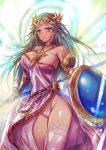  1girl bare_shoulders breasts choker dress green_eyes green_hair highleg highleg_panties jewelry kara_(color) kid_icarus large_breasts long_hair narrow_waist necklace palutena panties pendant pink_dress pink_panties shield side_slit single_thighhigh smile solo staff strapless_dress thigh-highs tiara underwear vambraces 