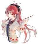  1girl alternate_costume black_ribbon grin hair_ribbon highres holding long_hair looking_at_viewer mahou_shoujo_madoka_magica parted_lips pocky ponytail red_eyes redhead ribbon sakura_kyouko simple_background smile solo very_long_hair vient white_background 