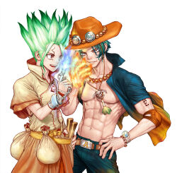  2boys arm_tattoo asymmetrical_hair bandaged_arm bandages bead_necklace beads belt boichi commentary_request cracked_skin devil_fruit_power dr._stone e=mc2_(equation) elbow_pads equation facial_mark fire freckles gradient_hair green_hair hat highres ishigami_senkuu jewelry male_focus multicolored_hair multiple_boys necklace one_piece orange_belt orange_hat pearl_necklace portgas_d._ace rope_belt single_elbow_pad spiky_hair split-color_hair tall_hair tattoo 