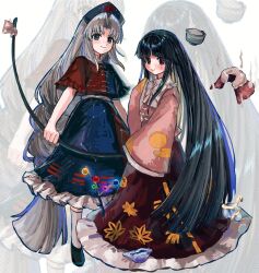  2girls b_nosk101 black_hair blue_skirt branch highres hime_cut houraisan_kaguya jacket jeweled_branch_of_hourai long_hair looking_at_viewer multicolored_jacket multiple_girls pink_jacket red_skirt skirt smile touhou two-tone_jacket very_long_hair yagokoro_eirin zoom_layer 