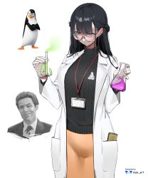  1girl 2boys absurdres bird black_hair blue_eyes braid creature_and_personification crown_braid english_commentary erlenmeyer_flask flask glasses gloves highres holding holding_test_tube kowalski_(madagascar) lab_coat linux long_hair madagascar_(series) multiple_boys nisp_art norman_osborn original penguin personification photo_inset simple_background sketchbook sweater test_tube the_penguins_of_madagascar turtleneck turtleneck_sweater watermark white_background white_gloves 