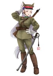  1girl absurdres arisaka bolt_action breasts gloves gold_ship_(umamusume) green_jacket green_pants gun hand_on_own_hip highres imperial_japanese_army jacket lollies_2020 long_hair military_uniform pants rifle solo sword umamusume very_long_hair weapon white_background white_gloves white_hair 