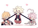  &gt;_&lt; 1girl 2boys ahoge blazblue blonde_hair blush bodysuit braid cape chibi closed_eyes eyepatch heart heart_ahoge jacket jin_kisaragi kuro_yuzu military military_uniform multiple_boys nu-13 pocky pocky_day ragna_the_bloodedge red_jacket silver_hair sweatdrop uniform 