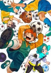  4boys absurdres aqua_hair aqua_pants aqua_shoes ball black_hair black_pants blue_eyes blue_shorts blue_socks brown_eyes brown_hair commentary_request endou_mamoru floating goalkeeper headband highres inamori_asuto inazuma_eleven_(series) inazuma_eleven_ares_no_tenbin inazuma_eleven_go inazuma_eleven_victory_road jacket lightning_bolt_symbol looking_at_viewer male_focus matsukaze_tenma medium_hair multicolored_hair multiple_boys one_eye_closed open_mouth orange_headband pants raimon raimon_soccer_uniform ramen11 sasanami_unmei shirt shoes short_hair shorts sidelocks simple_background smile soccer_ball soccer_uniform socks sportswear teeth two-tone_hair upper_teeth_only upside-down white_background white_jacket white_socks yellow_shirt 