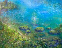  calico_(pattern) calico_cat cat cattail commentary_request day grass highres no_humans original outdoors plant ripples rock scenery shiraishi_takashi water 