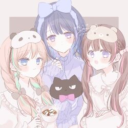  1girl 3girls blonde_hair blue_eyes blue_hair blue_jacket bow braid brown_hair coffee commission cup dated eye_mask fuyori_mofufu green_hair hair_bow highres holding holding_cup jacket long_hair long_sleeves low_twintails mask mask_on_head multicolored_hair multiple_girls original pajamas pillow pink_hair purple_hair skeb_commission sleep_mask smile streaked_hair twin_braids twintails violet_eyes virtual_youtuber 