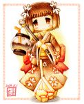  1girl bangs blunt_bangs blush_stickers bow brown_eyes brown_hair coffee dated drinking_straw hair_ornament japanese_clothes jora_(joraemon) kimono mascot obi original pot product_girl sandals sash short_hair smile snowflake_hair_ornament snowflakes solo yukijirushi yukiko-tan 