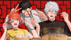  1girl 2boys absurdres bamboo_steamer black_hair blue_eyes blush bracelet braid braided_hair_rings chinese_clothes chopsticks commentary_request double_v dragon_print dumpling flower food gintama glasses hair_flower hair_ornament hair_rings highres holding holding_chopsticks jade_(gemstone) jade_bracelet jewelry kagura_(gintama) kiunchiku mandarin_collar multiple_boys open_mouth pankou red_eyes sakata_gintoki shanghai_neckline shimura_shinpachi short_hair shumai_(food) steamed_bun tangzhuang tongue tongue_out upper_body v white_flower white_hair 