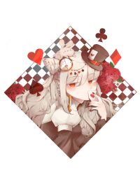  1girl absurdres ace_(playing_card) ace_of_hearts animal_on_head arch_bishop_(ragnarok_online) black_background black_dress black_hat blush braid card checkered_background clock_hair_ornament club_(shape) commentary_request cone_hair_bun covering_own_mouth diamond_(shape) dress flower grey_hair hair_bun hat heart highres juliet_sleeves long_hair long_sleeves looking_at_viewer mini_hat mini_top_hat muka_(vive1324) on_head orange_eyes playing_card pocket_watch puffy_sleeves rabbit rabbit_on_head ragnarok_online red_flower red_rose rose solo spade_(shape) top_hat two-tone_dress upper_body watch wavy_hair white_background white_dress 