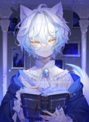  1boy animal_ear_fluff animal_ears artist_name ascot blue_brooch blue_gemstone blue_jacket blue_nails book brooch cat_boy cat_ears closed_mouth commentary double-parted_bangs english_commentary feathers gem hair_between_eyes holding holding_book holding_feather jacket jewelry long_sleeves looking_at_viewer male_focus monocle mooshiki nail_polish open_book open_clothes open_jacket original shirt short_hair solo straight-on upper_body white_ascot white_hair white_shirt yellow_eyes 