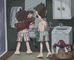  2boys barefoot brothers brown_hair closed_eyes dressing facial_hair from_behind green_shirt hat highres holding holding_shirt holding_unworn_clothes indoors laundry laundry_basket luigi male_focus male_underwear mario mario_&amp;_luigi_rpg mirror multiple_boys mustache newsboy_cap red_hat red_shirt reflection scar scar_on_back scar_on_leg shirt short_hair siblings socks standing striped_male_underwear super_mario_bros. top-load_washing_machine topless_male towel underwear unworn_hat unworn_headwear unworn_shirt washing_machine wooden_floor yamari_(ya_mari_6363) 