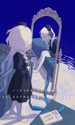  2girls absurdres black_dress black_flower black_gloves black_hat black_rose blonde_hair blue_background blue_eyes blue_hair blue_ribbon book different_reflection dress flower full-length_mirror gloves gradient_hair hair_flower hair_ornament hat highres juliet_sleeves long_hair long_sleeves looking_at_mirror mini_hat mirror mirror_selfie multicolored_hair multiple_girls no_shoes original oversleep pantyhose puffy_sleeves reflection ribbon rose selfie sitting standing table veil very_long_hair white_pantyhose 