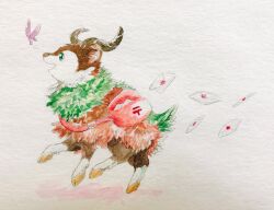  animal_focus bug butterfly commentary_request envelope full_body green_eyes highres mailbag mint_nappa no_humans open_mouth painting_(medium) paper_texture pokemon purple_butterfly simple_background skiddo solo traditional_media watercolor_(medium) 