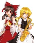  2girls ascot barefoot blonde_hair bow braid brown_hair detached_sleeves flute grin hair_bow hair_tubes hakurei_reimu instrument kirisame_marisa long_hair monrooru multiple_girls open_mouth red_eyes saxophone side_braid smile touhou yellow_eyes 