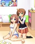  2girls :d artist_self-insert ascot bare_shoulders barefoot bed bedroom black_legwear blue_eyes blue_hair blush bow breasts brown_hair cirno collared_shirt combing detached_sleeves green_eyes green_hair hair_bow hair_tubes hakurei_reimu ice ice_wings kneeling kochiya_sanae legs looking_at_viewer miniskirt multiple_girls nitizyo open_mouth original picture_(object) picture_frame playing_with_another&#039;s_hair poster_(object) pyonta red_eyes short_hair shorts side_ponytail sitting skirt smile socks tank_top tongue tongue_out touhou v_arms vest wariza wings 