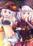  2girls alpha_(acerailgun) artist_name borrowed_character capelet cecilia_(acerailgun) covering_mouth detached_sleeves hair_ribbon halloween hat heterochromia highres jack-o&#039;-lantern long_sleeves midriff multiple_girls navel original pink_eyes ribbon robot_girl squadra tree twintails white_hair witch witch_hat yellow_eyes 