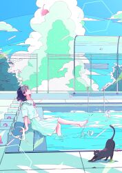  1girl absurdres animal arm_support barefoot black_cat black_hair cat clouds cloudy_sky commentary_request day feet highres looking_up medium_hair original outdoors pleated_skirt pool pool_ladder poolside red_ribbon ribbon sailor_collar scenery school_uniform serafuku shirt sitting skirt sky solo splashing toes water white_sailor_collar white_serafuku white_shirt white_skirt yasi_irasuto 