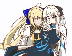  2girls alizi795 artoria_caster_(fate) artoria_caster_(third_ascension)_(fate) artoria_pendragon_(fate) black_bow black_dress blonde_hair blue_choker blue_eyes bow carrying choker dress fate/grand_order fate_(series) green_eyes hair_between_eyes hair_bow highres long_hair long_sleeves looking_at_viewer morgan_le_fay_(fate) morgan_le_fay_(first_ascension)_(fate) multiple_girls ponytail princess_carry simple_background smile very_long_hair white_background white_hair 