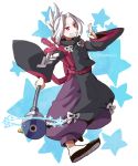  1boy albino disgaea grin male onmyo_monk_(disgaea) pants red_eyes robe shoes smile solo star starry_background twitter_username wand white_hair yu_(kaburimono_ex) 