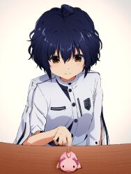  1girl 22/7 absurdres black_hair boku_wa_konya_deteiku brown_eyes closed_mouth dress emblem hair_between_eyes highres igashiko light_smile looking_at_object short_hair solo stuffed_axolotl table takigawa_miu three-quarter_sleeves white_background white_dress wooden_table 