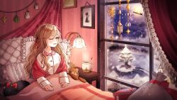  1girl absurdres bed bedroom black_cat brown_eyes brown_hair cat chaki_aiha christmas commentary_request cup frilled_pillow frills full_moon hair_over_shoulder highres indoors lamp long_hair long_sleeves moon night nightstand on_bed one_eye_closed open_mouth original pajamas pet picture_frame pillow sack snow snowing solo stuffed_animal stuffed_toy tears teddy_bear tree under_covers waking_up wavy_hair white_pajamas window 