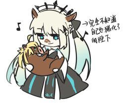  2girls alizi795 artoria_caster_(fate) artoria_pendragon_(fate) black_bow black_dress blonde_hair blue_eyes boar bow dress fate/grand_order fate_(series) hair_between_eyes hair_bow long_hair morgan_le_fay_(fate) morgan_le_fay_(third_ascension)_(fate) multiple_girls ponytail simple_background smile two-tone_dress very_long_hair white_background white_hair 