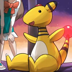  1girl absurdres ampharos bow brown_hair dress green_dress head_out_of_frame highres jacket jasmine_(pokemon) long_hair open_clothes open_jacket open_mouth orange_bow pokemon pokemon_(creature) pokemon_hgss sitting spicyichizo tail white_jacket 