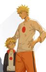  2boys blonde_hair blue_eyes father_and_son hand_on_another&#039;s_head hand_on_hip highres jacket looking_at_another looking_up lowrain multiple_boys naruto older short_hair smile spoilers uzumaki_boruto uzumaki_naruto 
