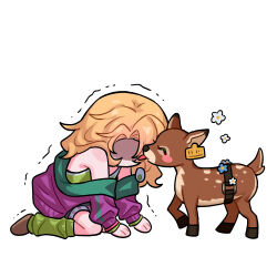  1girl animalization bare_shoulders blonde_hair blonney blue_flower blue_shorts chibi deer ear_tag earrings flower full_body green_leg_warmers grey_sports_bra haihaiera highres jacket jessica_(reverse:1999) jewelry kneeling leg_warmers licking licking_another's_face long_hair off_shoulder purple_jacket reverse:1999 shaded_face shorts sitting solo sports_bra trembling white_background white_flower 