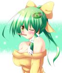  1girl alternate_costume alternate_hairstyle bare_shoulders blush frog_hair_ornament green_hair hair_ornament kochiya_sanae long_hair looking_at_viewer mouth_hold osashin_(osada) pocky pocky_day ponytail snake_hair_ornament solo sweater touhou winking yellow_eyes 