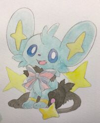  blue_eyes bow bright_pupils fang full_body happy highres looking_at_viewer mint_nappa no_humans open_mouth painting_(medium) pokemon pokemon_(creature) shinx simple_background sitting solo striped_bow traditional_media watercolor_(medium) white_pupils 