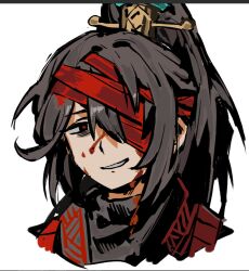  1boy black_hair blood blood_on_face family_hierarch_candidate_(identity)_(project_moon) grin highleg highleg_leotard hong_lu_(project_moon) kampuzu leotard limbus_company long_hair male_focus ponytail portrait project_moon red_bandage skirt smile solo white_background 