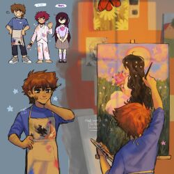  1girl 2023 2boys alternate_costume alternate_eye_color alternate_hair_color alternate_skin_color alternate_universe arm_up artist_name barefoot black_eyes black_pants black_shoes blue_sweater brown_hair character_name closed_mouth collared_shirt dark-skinned_male dark_skin double-parted_bangs dual_persona ear_piercing easel grey_shoes grey_skirt hair_between_eyes hero_(faraway)_(omori) hero_(headspace)_(omori) hero_(omori) highres holding holding_paint_palette holding_paintbrush kneehighs long_hair long_sleeves looking_at_viewer madnopost mari_(faraway)_(omori) mari_(headspace)_(omori) mari_(omori) multiple_boys omori one_eye_closed open_mouth paint_on_clothes paint_palette paintbrush painting_(object) pajamas pants parted_lips piercing purple_shirt purple_socks shirt shoes short_hair short_sleeves skirt sleeves_rolled_up sneakers socks sparkle striped_clothes striped_pajamas striped_pants sweater vertical-striped_clothes vertical-striped_pajamas vertical-striped_pants 