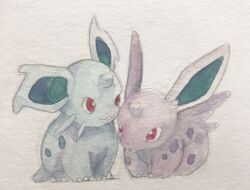  2boys animal_focus claws closed_mouth commentary_request full_body highres looking_at_another mint_nappa multiple_boys nidoran nidoran_(female) nidoran_(male) no_humans nostrils pokemon pokemon_(creature) red_eyes simple_background solo 