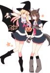  2girls :d :o ahoge animal_costume animal_ears black_gloves black_skirt blonde_hair blue_eyes boots braid brown_hair cape costume fingerless_gloves gloves gradient_hair hair_flaps hair_ornament hair_ribbon hairclip halloween halloween_costume hat holding_hands kantai_collection kneehighs kodama_naoko long_hair multicolored_hair multiple_girls neckerchief necktie open_mouth pleated_skirt pumpkin red_eyes ribbon scarf school_uniform serafuku shigure_(kantai_collection) single_braid skirt smile tail white_scarf witch_hat wolf_costume wolf_ears wolf_paws wolf_tail yuudachi_(kantai_collection) 