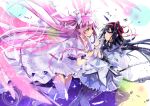  2girls absurdres akemi_homura argyle argyle_legwear black_hair black_legwear blush bow bubble choker feathers gloves goddess_madoka hair_bow hairband hand_on_another&#039;s_face highres holding_hands hoony kaname_madoka long_hair looking_at_another magical_girl mahou_shoujo_madoka_magica multiple_girls pantyhose pink_hair pink_legwear short_twintails smile sparkle thigh-highs twintails very_long_hair violet_eyes white_gloves yellow_eyes 