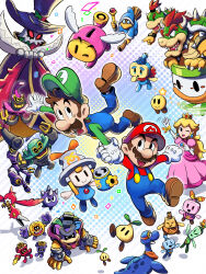  6+boys absurdres black_eyes blonde_hair bowser bowser_jr. brothers brown_hair buddy_(mario) connie_(mario) dorrie dress dulles_(mario) ecks_(mario) electric_plug ellow_(mario) everyone facial_hair gloves gorumbla green_hat green_shirt guardarm hat helmet_zok_trooper highres ireen_(mario) jewelry kamek koopa_clown_car long_hair loog_(mario) luigi mario mario_&amp;_luigi:_brothership mario_&amp;_luigi_rpg multiple_boys multiple_girls mustache no_fingers official_alternate_eye_color official_style open_mouth overalls princess_peach red_hat red_shirt seedle_(mario) shadow shirt shun_(mario) siblings smile snaptor snoutlet_(mario) socks spike_zok_trooper spikely spikes star_(symbol) starlow super_mario_bros. ten_(mario) two-tone_socks white_gloves yamari_(ya_mari_6363) zokket 