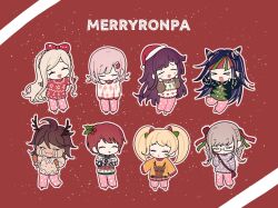  >_< 6+girls =_= ahoge alternate_costume alternate_hair_color antlers black_hair black_shirt blonde_hair blunt_bangs blush blush_stickers bow braid brown_hair brown_shirt camera chibi chicken_(food) chicken_leg christmas christmas_sweater closed_eyes closed_mouth commentary crying danganronpa_(series) danganronpa_2:_goodbye_despair dark-skinned_female dark_skin dot_nose drooling ear_piercing eating eyelashes face_piercing fake_antlers food food_on_face freckles full_body gamhwa glasses green_hair grey_shirt hair_bow hair_horns hair_ornament hands_on_own_face hat highres holding holding_camera holding_food holly_hair_ornament horns koizumi_mahiru long_hair medium_hair mioda_ibuki mouth_piercing multicolored_hair multiple_girls nanami_chiaki o3o open_mouth outline outstretched_arms owari_akane pants pekoyama_peko piercing pink_pants print_pants print_shirt puffy_cheeks purple_hair rectangular_eyewear red_background red_hair red_hat red_shirt reindeer_antlers saionji_hiyoko saliva santa_hat semi-rimless_eyewear shirt short_hair simple_background sleeping sleeping_upright sleeves_past_wrists smile snowing sonia_nevermind spread_arms standing standing_on_one_leg streaked_hair streaming_tears striped_clothes striped_shirt symbol-only_commentary tears tsumiki_mikan twin_braids twintails two-tone_bow white_hair white_outline white_shirt yellow_shirt 