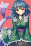  1girl blue_eyes blue_hair breasts head_fins highres japanese_clothes kimono large_breasts long_sleeves looking_at_viewer mermaid monster_girl obi sash shone smile solo touhou wakasagihime wide_sleeves 
