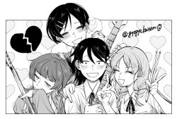  4girls :d ^_^ bass_guitar behind_another blunt_bangs blush braid breast_pocket broken_heart closed_eyes collared_shirt commentary_request dress_shirt drooling drumsticks electric_guitar fujii_ayame futsuu_no_keion-bu greyscale guitar gyogyo_kasien hair_ornament hairpin half-closed_eyes hand_up hatono_chihiro heart heartbreak_(futsuu_no_keion-bu) highres holding holding_drumsticks holding_guitar holding_instrument instrument jacket jitome kouyama_rin long_hair looking_at_viewer lovestruck medium_hair middle_finger mole mole_under_eye monochrome mouth_drool multicolored_hair multiple_girls neck_ribbon open_clothes open_jacket open_mouth own_hands_clasped own_hands_together parted_bangs pixie_cut pocket ribbon school_uniform shirt short_hair short_sleeves small_pupils smile steam sweater_vest twin_braids twintails twitter_username two-tone_hair uchida_momo upper_body v white_background wing_collar wolf_cut 