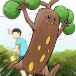  1boy absurdres blue_shirt blurry blurry_background bush depth_of_field highres pokemon pokemon_(creature) shirt short_sleeves spicyichizo sudowoodo 