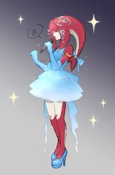  1girl bare_shoulders closed_eyes colored_skin dress elbow_gloves from_side gloves green_dress high_heels highres holding holding_microphone layered_dress lilimoon_draws long_hair microphone mipha musical_note pointy_ears red_skin solo sparkle spoken_musical_note star_(symbol) the_legend_of_zelda the_legend_of_zelda:_breath_of_the_wild white_dress zora 