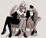  breasts cleavage crossed_legs formal genderswap hand_on_another&#039;s_face hat high_heels highres meromizawa pantyhose short_hair silver_hair sitting suit sunglasses tagme uta_no_prince-sama 